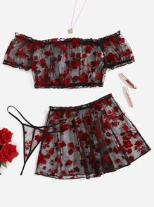 Snug Zone 3pack Plus Floral Print Sheer Mesh Lingerie Set & Skirt - Red - View 1
