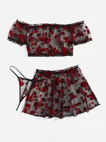 Snug Zone 3pack Plus Floral Print Sheer Mesh Lingerie Set & Skirt - Red - View 2
