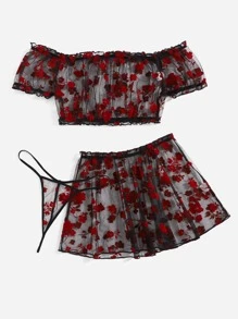 Snug Zone 3pack Plus Floral Print Sheer Mesh Lingerie Set & Skirt - Red - View 4