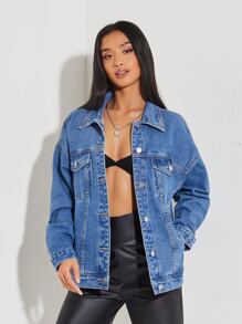 SHEIN PETITE 標語和人物圖案牛仔夾克 - 中等水洗藍 - 查看 2