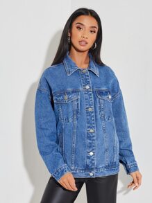SHEIN PETITE 標語和人物圖案牛仔夾克 - 中等水洗藍 - 查看 3