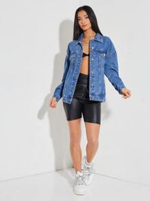 SHEIN PETITE 標語和人物圖案牛仔夾克 - 中等水洗藍 - 查看 4