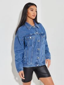 SHEIN PETITE 標語和人物圖案牛仔夾克 - 中等水洗藍 - 查看 5