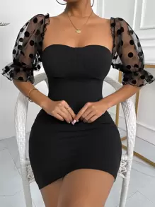 SHEIN Privé Đầm Tương phản Mesh Dây kéo Chấm bi Thanh lịch - màu đen - Xem 1