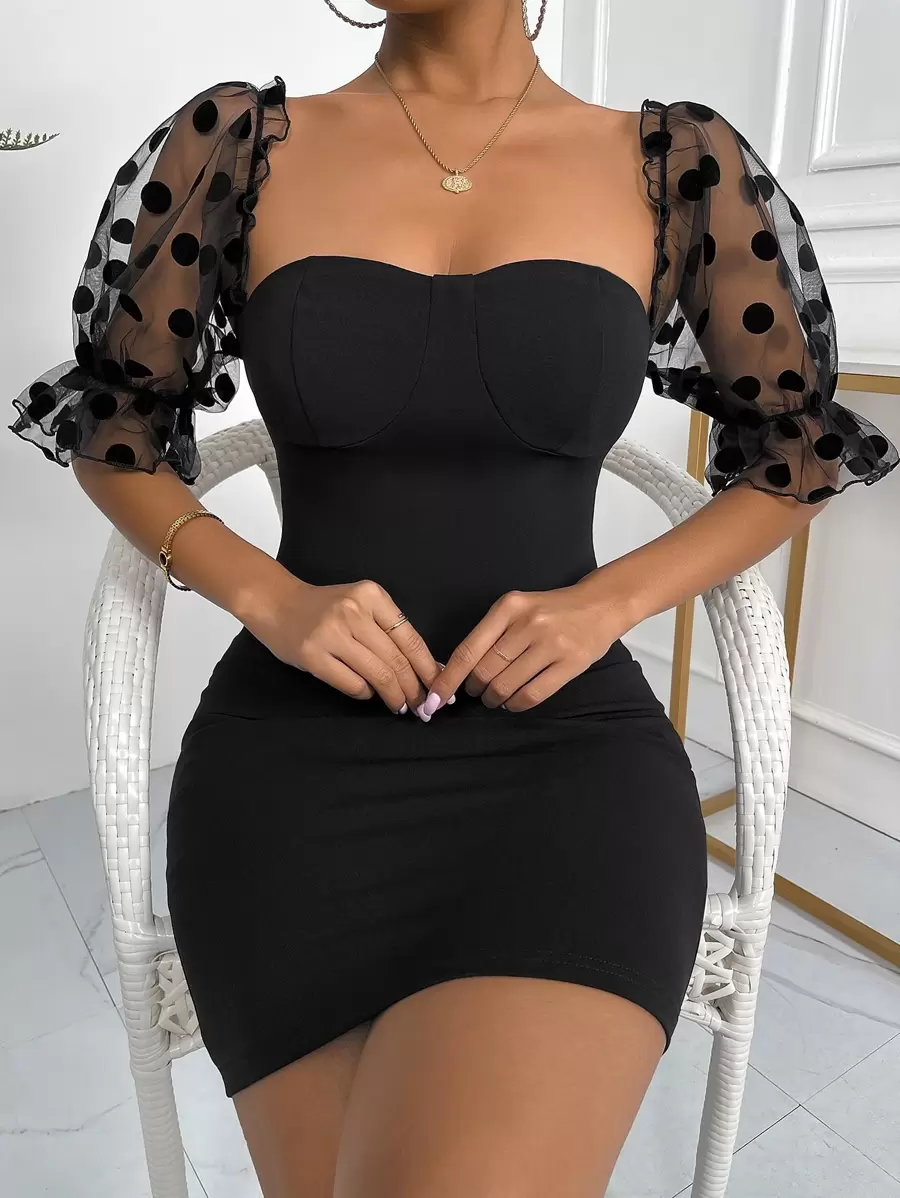 SHEIN Privé Đầm Tương phản Mesh Dây kéo Chấm bi Thanh lịch - màu đen - Xem 1