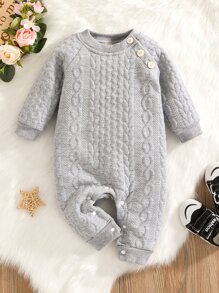 Baby Cable Textured Raglan Sleeve Jumpsuit - Light Grey - View 1