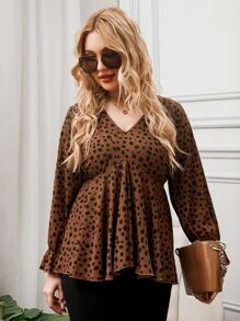 大碼斑點印花荷葉袖荷葉邊下擺襯衫 - 咖啡棕 - 查看 1