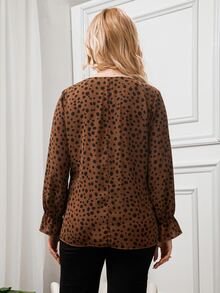 大碼斑點印花荷葉袖荷葉邊下擺襯衫 - 咖啡棕 - 查看 2