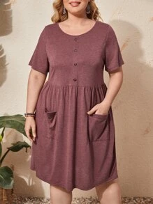 EMERY ROSE Đầm Plus Size Túi Nút phía trước màu trơn Giải trí - Gỗ đỏ - Xem 1