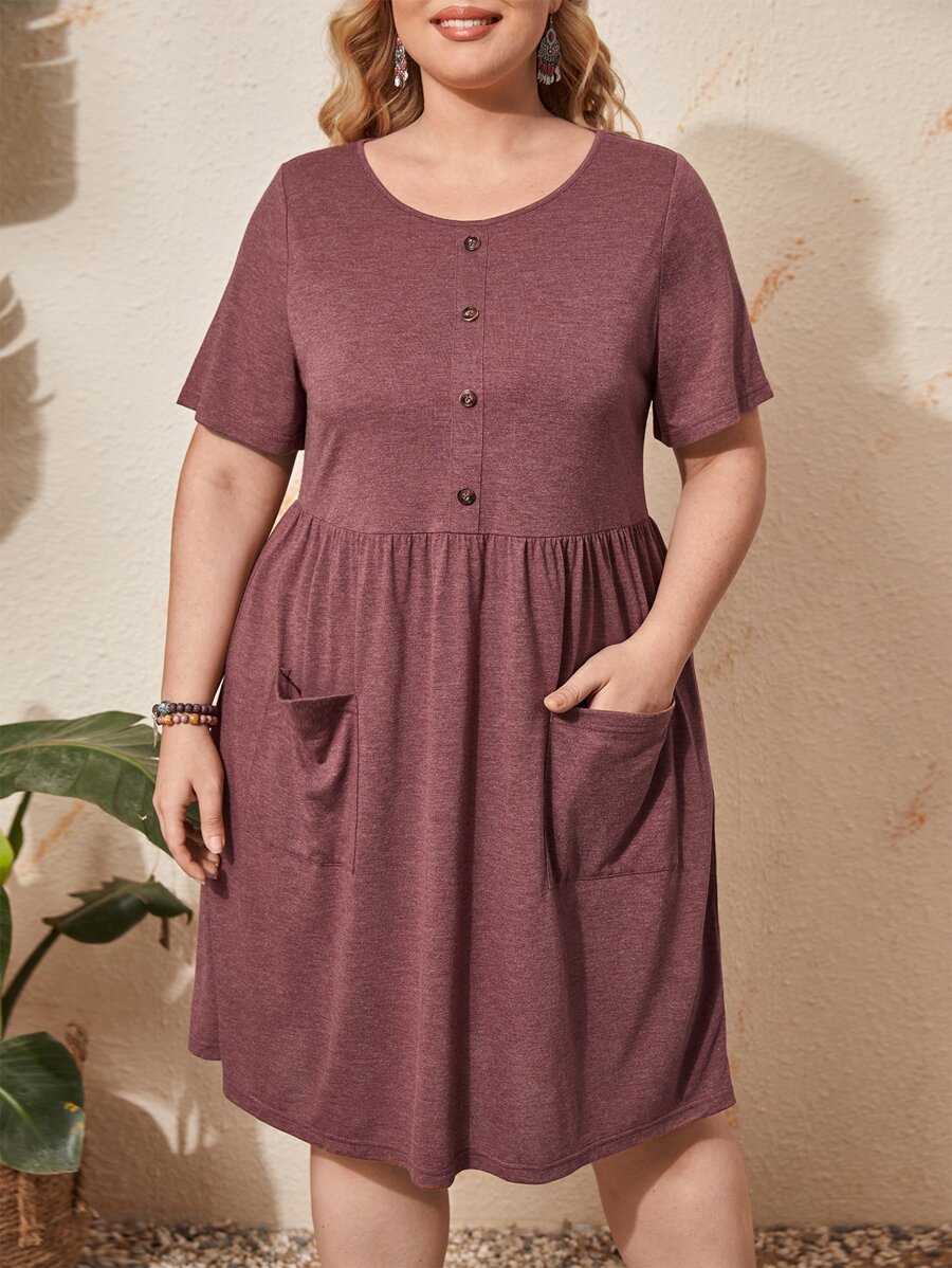 EMERY ROSE Đầm Plus Size Túi Nút phía trước màu trơn Giải trí - Gỗ đỏ - Xem 1