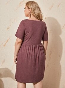 EMERY ROSE Đầm Plus Size Túi Nút phía trước màu trơn Giải trí - Gỗ đỏ - Xem 2