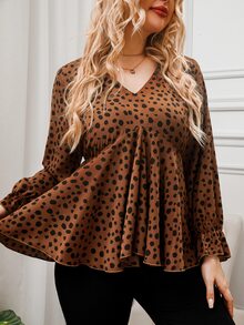 大碼斑點印花荷葉袖荷葉邊下擺襯衫 - 咖啡棕 - 查看 6