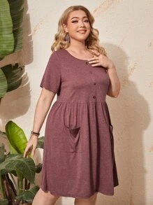 EMERY ROSE Đầm Plus Size Túi Nút phía trước màu trơn Giải trí - Gỗ đỏ - Xem 3