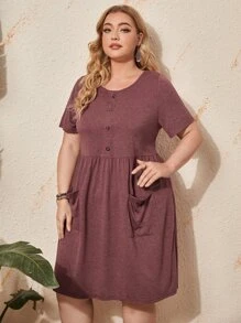 EMERY ROSE Đầm Plus Size Túi Nút phía trước màu trơn Giải trí - Gỗ đỏ - Xem 4