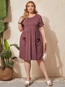 EMERY ROSE Đầm Plus Size Túi Nút phía trước màu trơn Giải trí - Gỗ đỏ - Xem 5