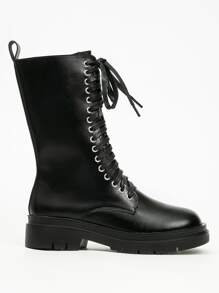 Lace-up Front Mid Calf Combat Boots - Black - View 3