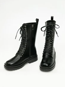 Lace-up Front Mid Calf Combat Boots - Black - View 4