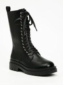 Lace-up Front Mid Calf Combat Boots - Black - View 5