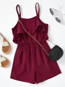 SHEIN Toddler Girls Ruffle Trim Cami Romper - Maroon - View 1