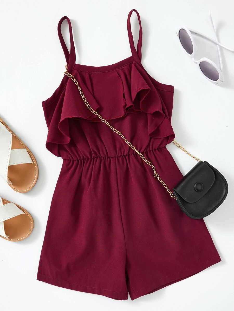 SHEIN Toddler Girls Ruffle Trim Cami Romper - Maroon - View 1