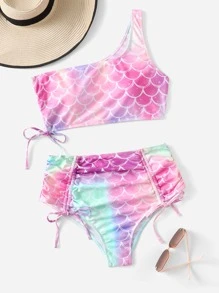 Conjunto De Bikini De Un Hombro Con Detalle De Cordón Y Estampado De Escamas De Pescado De Talla Grande Playa De Verano - Multicolor - Ver 1