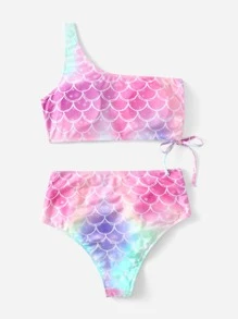 Conjunto De Bikini De Un Hombro Con Detalle De Cordón Y Estampado De Escamas De Pescado De Talla Grande Playa De Verano - Multicolor - Ver 2