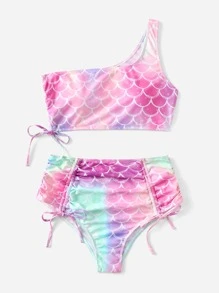 Conjunto De Bikini De Un Hombro Con Detalle De Cordón Y Estampado De Escamas De Pescado De Talla Grande Playa De Verano - Multicolor - Ver 3