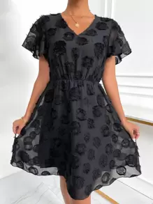 SHEIN VCAY Appliques Sheer Mesh Dress - Black - View 1