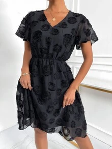 SHEIN VCAY Appliques Sheer Mesh Dress - Black - View 3