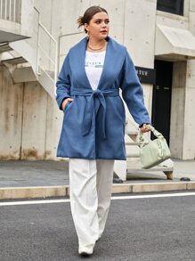 SHEIN Essnce Áo choàng Plus Size Thắt lưng màu trơn Giải trí - Màu xanh bụi bặm - Xem 5