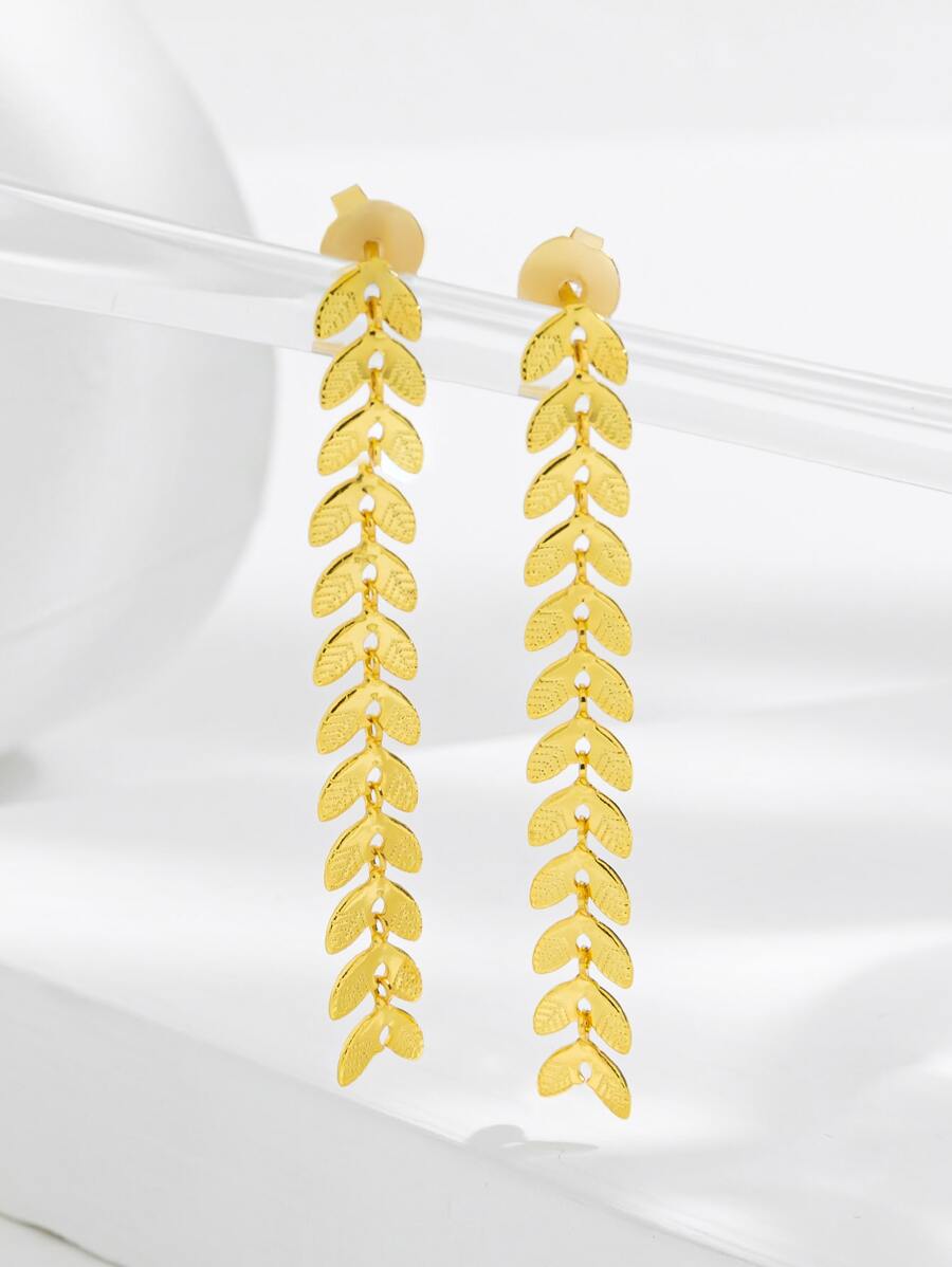 1雙時尚可愛樹葉設計流蘇耳釘,適用於女士日常穿著 - 金黃色 - 查看 1