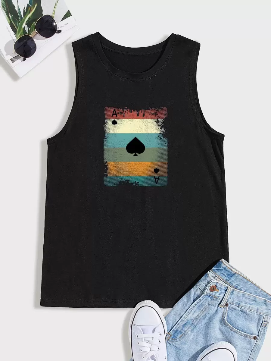 Manfinity Homme Men Playing Card Print Tank Top - Black - View 1