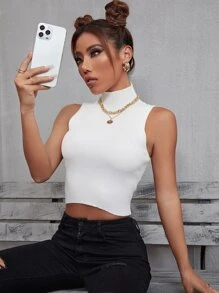 SHEIN X PERLA INAWLY Top corto de cuello cisne tejido de canalé sin manga - Blanco - Ver 4