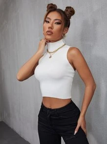 SHEIN X PERLA INAWLY Top corto de cuello cisne tejido de canalé sin manga - Blanco - Ver 6