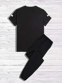 Manfinity Hombres reflectante con estampado de pincelada Camiseta & de cintura con cordón Pantalones deportivos - Negro - Ver 2