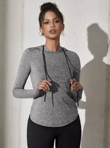 Gameset SHEIN Sport 混色印花拇指孔抽绳连帽运动卫衣 秋季卫衣 - 深灰色 - 查看 5