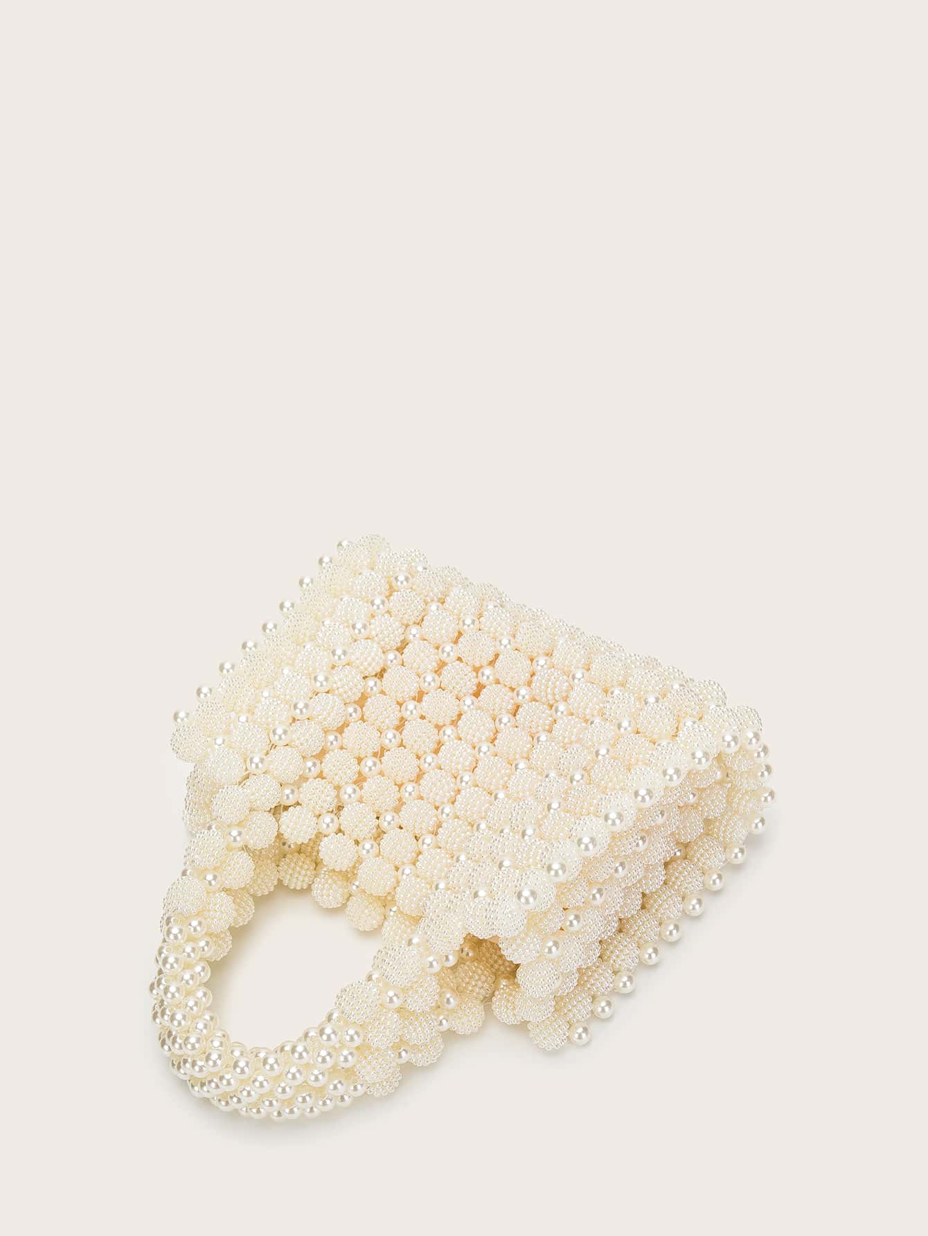 Mini Faux Pearl Beaded Satchel Bag - Beige - View 1