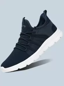 Men Knit Detail Breathable Running Shoes, Men's Blue Lace-Up Solid Color Running Shoes Manfinity Basics