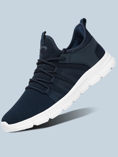 Men Knit Detail Breathable Running Shoes, Men's Blue Lace-Up Solid Color Running Shoes Manfinity Basics
