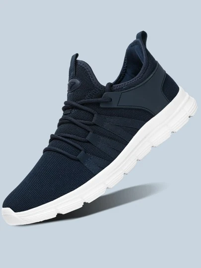 男士針織細節透氣慢跑鞋,男士藍色系帶實色慢跑鞋(manfinity Basics品牌)