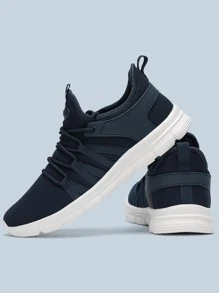 Men Knit Detail Breathable Running Shoes, Men's Blue Lace-Up Solid Color Running Shoes Manfinity Basics