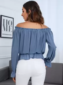 Chiquease 露肩荷叶边抽绳前荷叶边袖荷叶边下摆雪纺衬衫荷叶边上衣 - 霧霾藍 - 查看 2