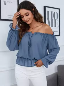 Chiquease 露肩荷叶边抽绳前荷叶边袖荷叶边下摆雪纺衬衫荷叶边上衣 - 霧霾藍 - 查看 5