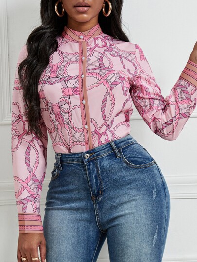 SHEIN SXY Rope Print Button Front Blouse