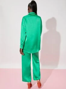 SHEIN Button Through Satin Shirt & Trousers Set - Green - View 2