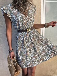 SHEIN Frenchy Ditsy Floral Ruffle Trim Plunge Neck Dress Without Belt - Multicolor - View 1