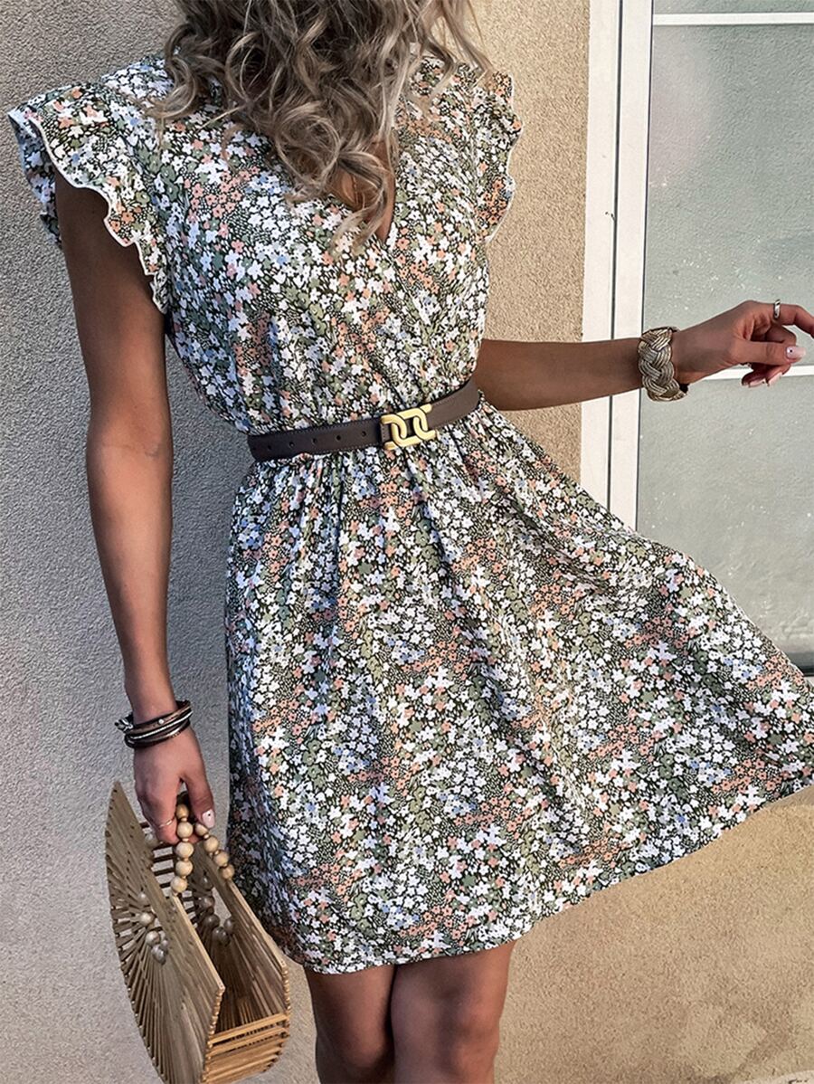 SHEIN Frenchy Ditsy Floral Ruffle Trim Plunge Neck Dress Without Belt - Multicolor - View 1