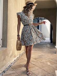 SHEIN Frenchy Ditsy Floral Ruffle Trim Plunge Neck Dress Without Belt - Multicolor - View 6