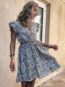 SHEIN Frenchy Ditsy Floral Ruffle Trim Plunge Neck Dress Without Belt - Multicolor - View 7