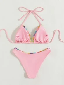 Appliques Triangle Halter Bikini - Pink - View 3